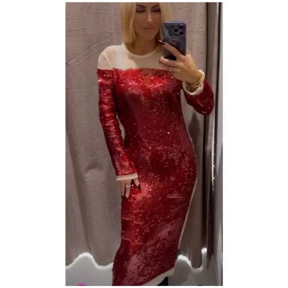 Zara sequin chiffon red midi dress sz.00 - Picture 8 of 17